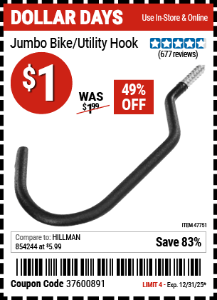 Harbor Freight Coupons, HF Coupons, 20% off - Jumbo Bike/utility Hook