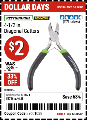 Harbor Freight Coupons, HF Coupons, 20% off - PITTSBURGH 4-1/2 in. Diagonal Cutters for $2