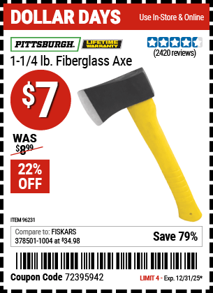 Harbor Freight Coupons, HF Coupons, 20% off - 1-1/4 Lb. Axe With 11-1/2