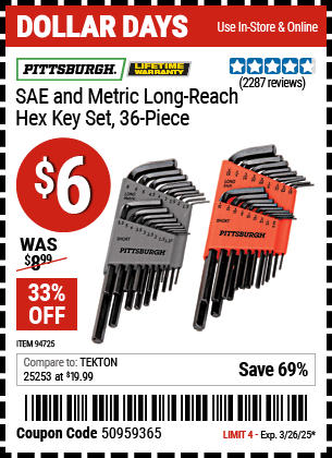 Harbor Freight Coupons, HF Coupons, 20% off - 36 Piece Sae/metric Long Reach Hex Key Set