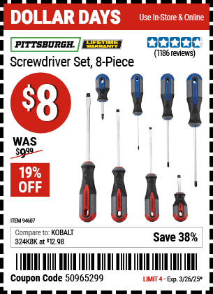 Harbor Freight Coupons, HF Coupons, 20% off - 8 Piece Professional Screwdriver Set