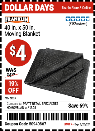 Harbor Freight Coupons, HF Coupons, 20% off - FRANKLIN 40 in. x 50 in. Moving Blanket for $4.49