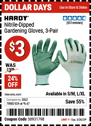 Harbor Freight Coupons, HF Coupons, 20% off - Nitrile Coasted Gardening Gloves