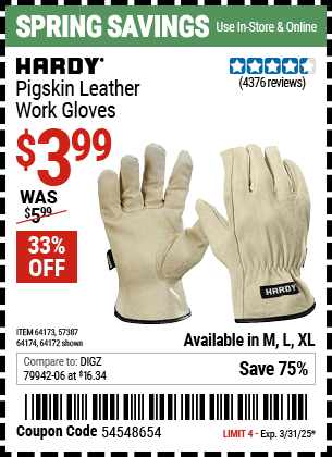 Harbor Freight Coupons, HF Coupons, 20% off - Pigskin Leather Work Gloves