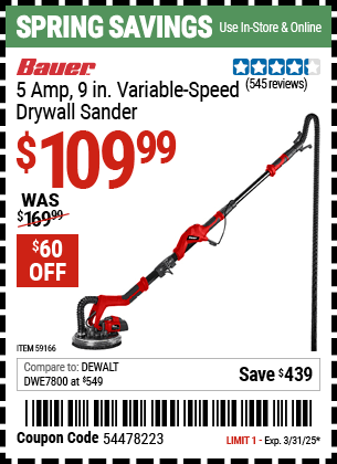 Harbor Freight Coupons, HF Coupons, 20% off - BAUER 5 Amp 9 in. Variable Speed Drywall Sander 