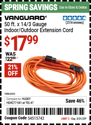 Harbor Freight Coupons, HF Coupons, 20% off - 50 Ft. X 14 Gauge Outdoor Extension Cord