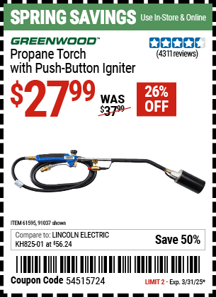 Harbor Freight Coupons, HF Coupons, 20% off - Propane Torch With Push Button Igniter