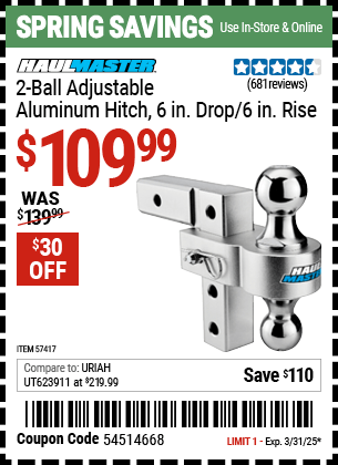 Harbor Freight Coupons, HF Coupons, 20% off - HAUL-MASTER 2-Ball Adjustable Aluminum Hitch for $109.99