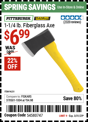 Harbor Freight Coupons, HF Coupons, 20% off - 1-1/4 Lb. Axe With 11-1/2