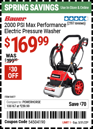 Harbor Freight Coupons, HF Coupons, 20% off - BAUER 2000 PSI Max Performance Electric Pressure Washer for $159.99
