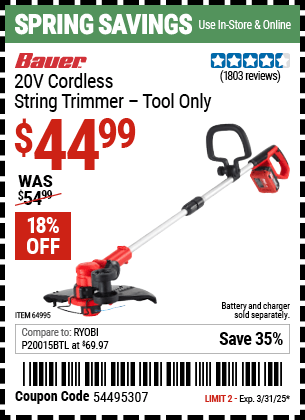 Harbor Freight Coupons, HF Coupons, 20% off - BAUER 20V Hypermax Lithium Cordless String Trimmer for $39.99