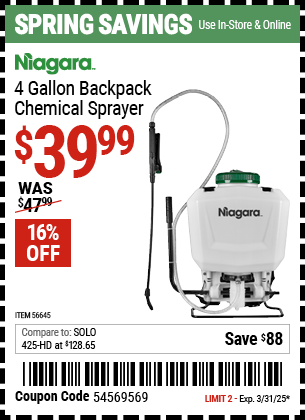 Harbor Freight Coupons, HF Coupons, 20% off - NIAGARA 4 Gallon Backpack Chemical Sprayer for $39.99