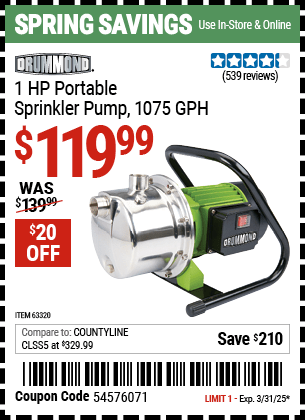 Harbor Freight Coupons, HF Coupons, 20% off - 1 HP Portable Sprinkler Pump 1075 GPH