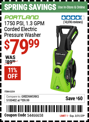 Harbor Freight Coupons, HF Coupons, 20% off - 1750 Psi Electric Pressure Washer