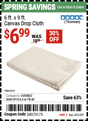 Harbor Freight Coupons, HF Coupons, 20% off - 6 x 9  Canvas Drop Cloth