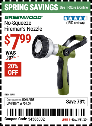 Harbor Freight Coupons, HF Coupons, 20% off - No-Squeeze Fireman's Nozzle