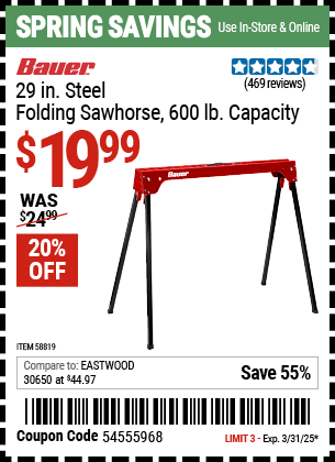 Harbor Freight Coupons, HF Coupons, 20% off - BAUER 600 lb. Capacity Folding Steel Sawhorse 