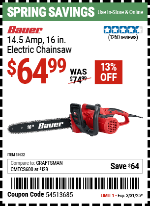 Harbor Freight Coupons, HF Coupons, 20% off - BAUER Corded 14.5 Amp, 16 in. Electric Chainsaw for $64.99