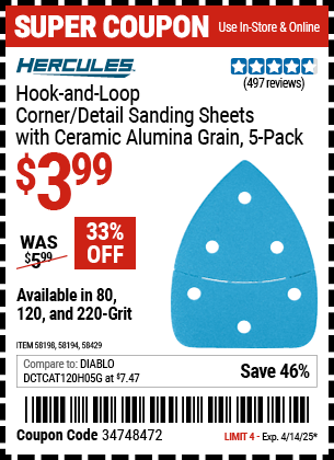 Harbor Freight Coupons, HF Coupons, 20% off - HERCULES 120 Grit Hook and Loop Corner/Detail Sanding Sheets, 5 Pk. for $2.99