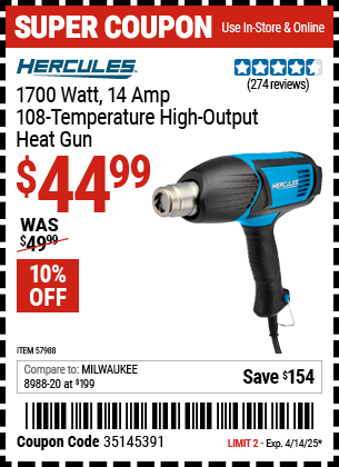 Harbor Freight Coupons, HF Coupons, 20% off - 1700 Watt  14 Amp 108 Temperature High Output Heat Gun