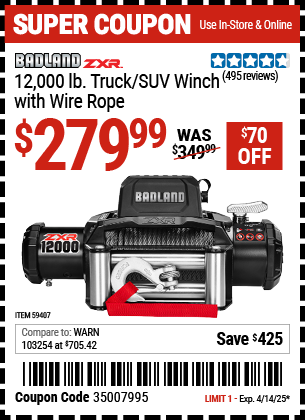 Harbor Freight Coupons, HF Coupons, 20% off - BADLAND ZXR 12 -000 lb. Truck/SUV Winch with Wire Rope 