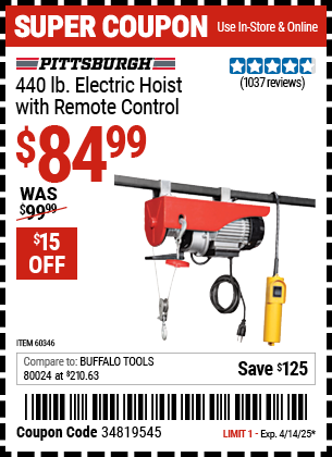 Harbor Freight Coupons, HF Coupons, 20% off - 440 Lb. Capacity Electric Hoist With Remote Control
