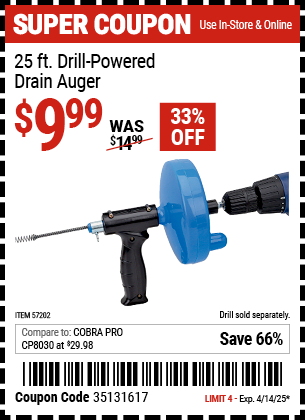 Harbor Freight Coupons, HF Coupons, 20% off - 25 Ft. Drain Cleaner With Drill Attachment