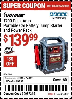 Harbor Freight Coupons, HF Coupons, 20% off - 1700 Peak Amp Portable Jump Starter and Power Pack