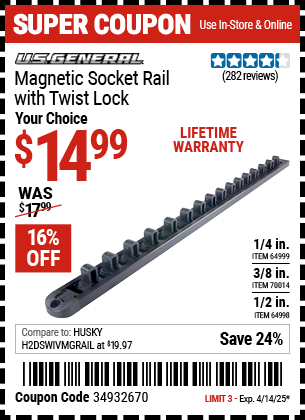 Harbor Freight Coupons, HF Coupons, 20% off - Magnetic Twist Lock Socket Rails