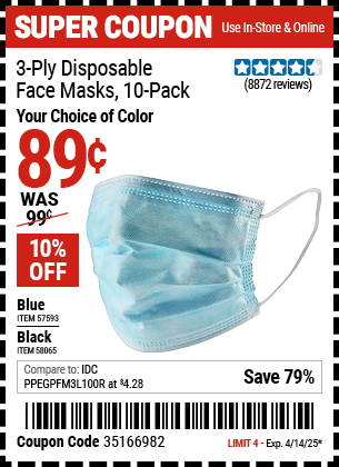 Harbor Freight Coupons, HF Coupons, 20% off - 3-Ply Disposable Face Masks