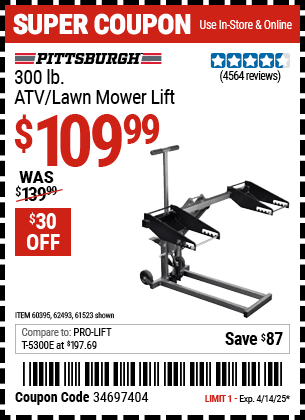 Harbor Freight Coupons, HF Coupons, 20% off - Atv/lawn Mower Lift