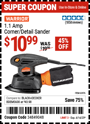Harbor Freight Coupons, HF Coupons, 20% off - Warrior Palm Detail Sander