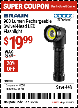 Harbor Freight Coupons, HF Coupons, 20% off - BRAUN 900 Lumen Rechargeable Swivel Head LED Flashlight for $17.99