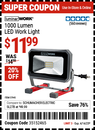 Harbor Freight Coupons, HF Coupons, 20% off - LUMINAR WORK 1000 Lumen LED Work Light for $9.99