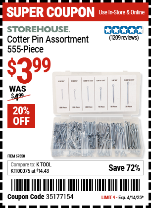 Harbor Freight Coupons, HF Coupons, 20% off - 555 Piece Cotter Pins