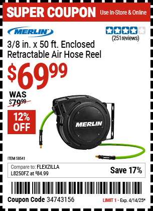Harbor Freight Coupons, HF Coupons, 20% off - MERLIN 3/8 in. x 50 ft. Enclosed Retractable Air Hose Reel for $69.99