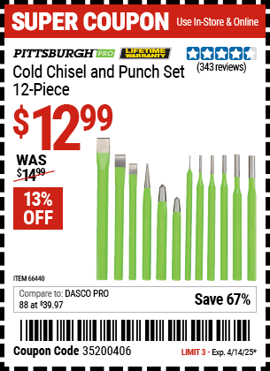 Harbor Freight Coupons, HF Coupons, 20% off - 12 Piece Cold Chisel And Punch Set