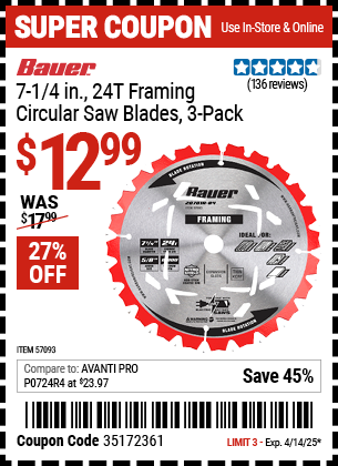 Harbor Freight Coupons, HF Coupons, 20% off - 7-1/4 in., 24T  Framing Circular Saw Blade, 3 Pk.