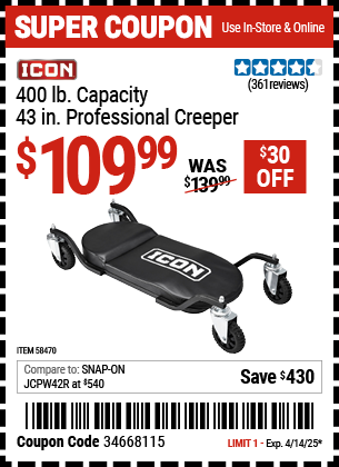 Harbor Freight Coupons, HF Coupons, 20% off - ICON 43 in. Professional Creeper for $109.99