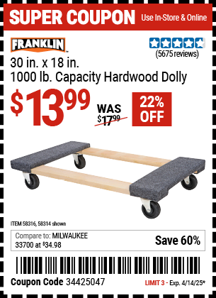Harbor Freight Coupons, HF Coupons, 20% off - FRANKLIN 30 in. x 19 in. 1000 lb. Capacity Hardwood Dolly 