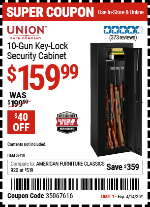 Harbor Freight Coupons, HF Coupons, 20% off - UNION SAFE COMPANY 10 Gun Key Lock Security Cabinet for $169.99