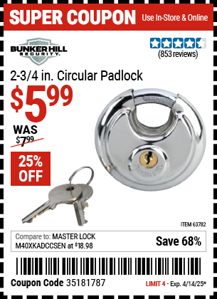 Harbor Freight Coupons, HF Coupons, 20% off - 2-3/4 in. Circular Padlock