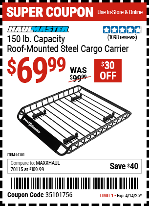 Harbor Freight Coupons, HF Coupons, 20% off - 150 Lb. Roof Cargo Carrier