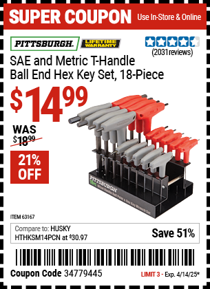 Harbor Freight Coupons, HF Coupons, 20% off - 18 Piece Sae And Metric T-handle Ball End Hex Key Set