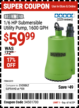 Harbor Freight Coupons, HF Coupons, 20% off - 1/6 Hp Submersible Utility Pump