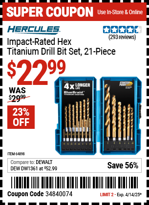 Harbor Freight Coupons, HF Coupons, 20% off - 21 Piece Hex Shaft Titanium Drill Bit Set