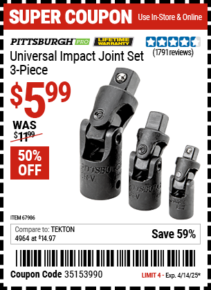 Harbor Freight Coupons, HF Coupons, 20% off - 3 Piece Universal Impact Joint Socket Adapter Set