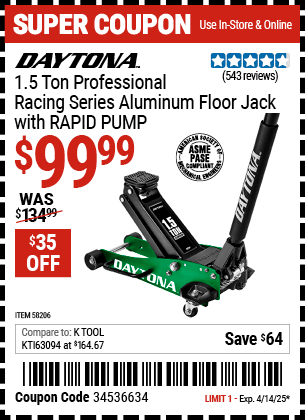 Harbor Freight Coupons, HF Coupons, 20% off - Buy Any 3T or 4T Steel DAYTONA Jack, Get One Pair of 3T DAYTONA Steel Jack Stands FREE!
