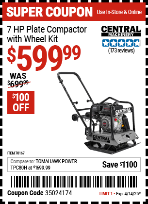 Harbor Freight Coupons, HF Coupons, 20% off - CENTRAL MACHINERY 6.5 HP Plate Compactor with Wheel Kit for $629.99