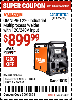 Harbor Freight Coupons, HF Coupons, 20% off - VULCAN OmniPro 220 Industrial Multiprocess Welder with 120/240 Volt Input 